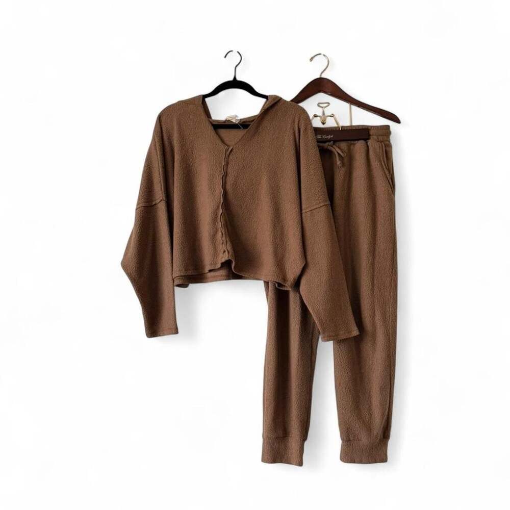 Project Social T Camel Teddy Fleece Set Crop Hoodie and Joggers